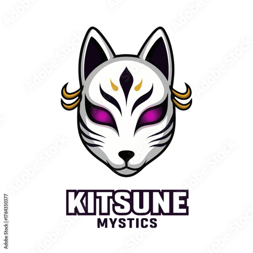 A stylized white fox mask with glowing purple eyes and gold accents, set against a white background, with the text "KITSUNE MYSTICS" below.
