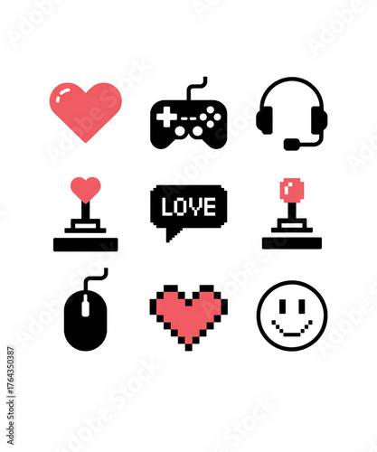 Pixel Art Gaming Icons with Love Heart graphic design