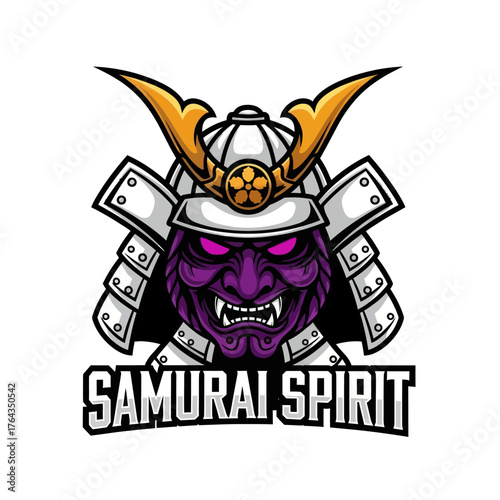 A stylized illustration of a samurai warrior's head with a purple face, white armor, and golden accents, above the text "SAMURAI SPIRIT".