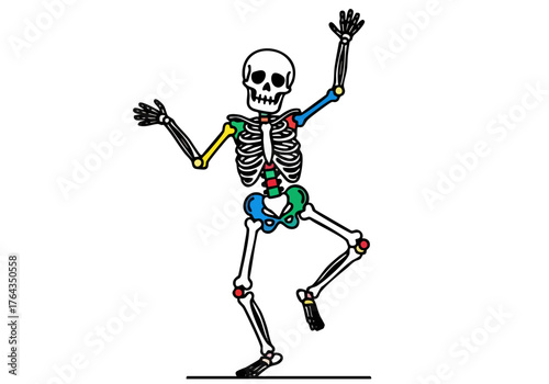 A cheerful skeleton dances with arms raised, celebrating fun! Bold colors and a playful design make this illustration ideal for marketing and creative projects.