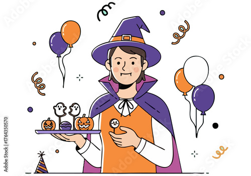 A cheerful vampire offers treats at a Halloween party! Balloons and festive decorations create a playful, vibrant scene. Perfect for party and celebration themes.
