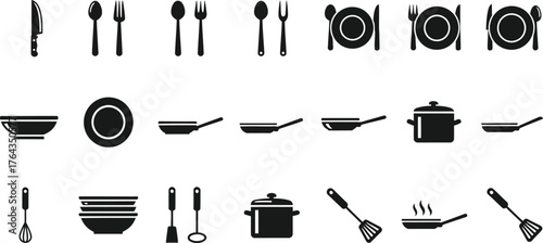 Collection of kitchenware and tableware icons including cutlery plates pots and pans isolated on transparent background