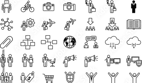 Business and lifestyle icon illustration, black vector design showing communication, teamwork, shopping, travel, technology, data, leadership, activity concept