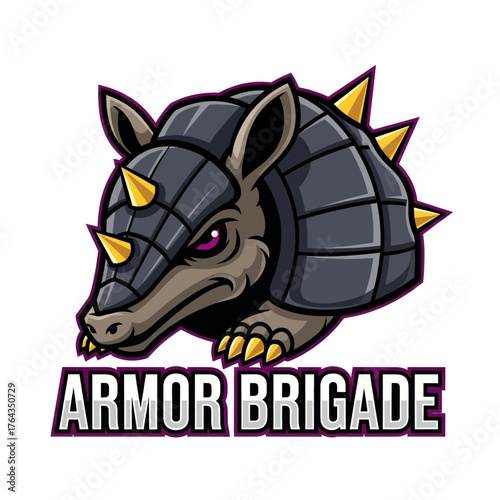 Cartoon armadillo mascot with dark gray armor and golden spikes, featuring the text "ARMOR BRIGADE" below.