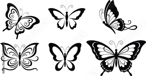 Butterfly vector illustration set, black and white symmetrical insect design, decorative wing artwork, nature-inspired graphic, elegant entomology drawing collection