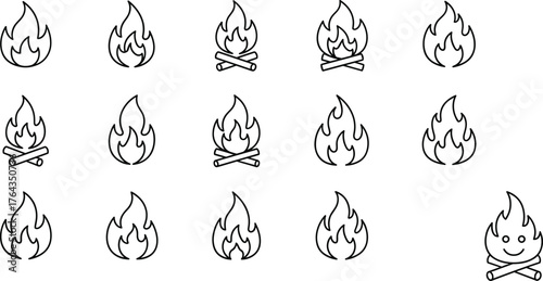 Campfire flame icon vector set, black and white fire illustration, stylized burning design, outdoor heat symbol, playful graphic collection