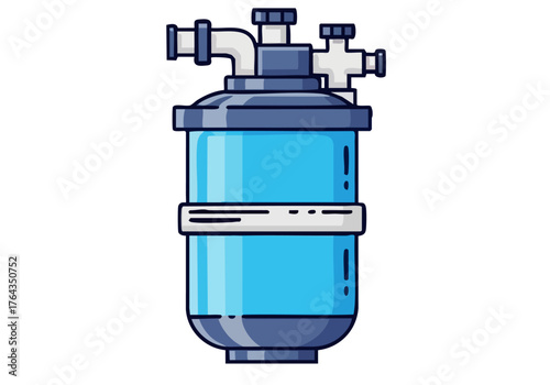 Clean filter icon illustration. A stylized blue water filter cartridge with fittings. Modern, graphic design. Suitable for various commercial applications.