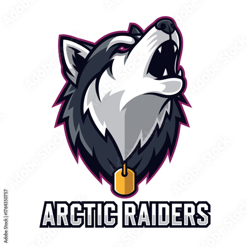 A fierce howling wolf mascot logo for the Arctic Raiders team, featuring a collar with a golden bell.