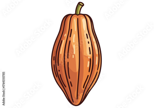 Illustration of a cocoa pod, showcasing its origin. Clean, graphic style with a warm color palette. Ideal for food, agriculture, and product design visuals.
