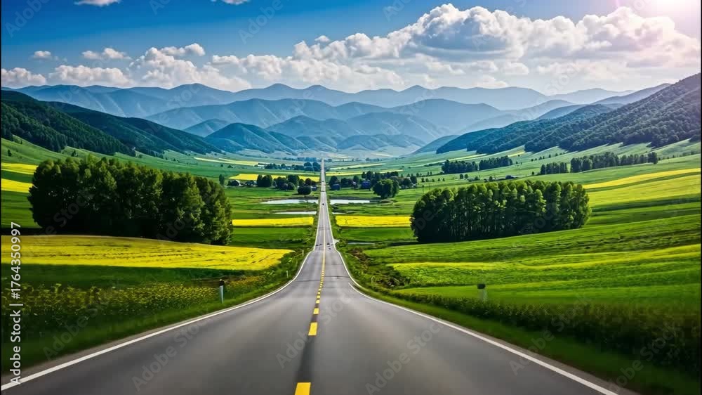 Scenic road leading to distant mountains under a blue sky with fluffy clouds, a picturesque landscape with fields and forests, travel and adventure concept, nature photography ai generated vedio