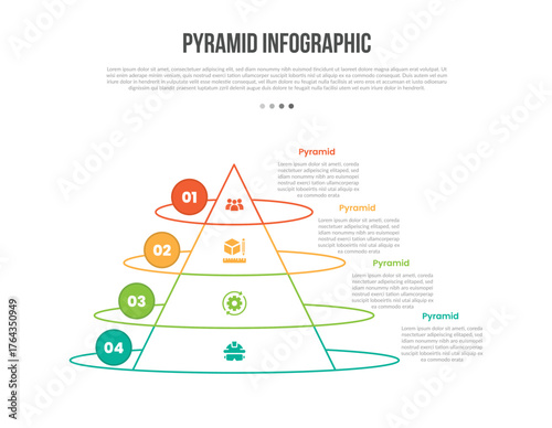 pyramid base shape infographics template diagram with simple triangle with long arrow through with circle edge with 4 point step creative simple flat outline