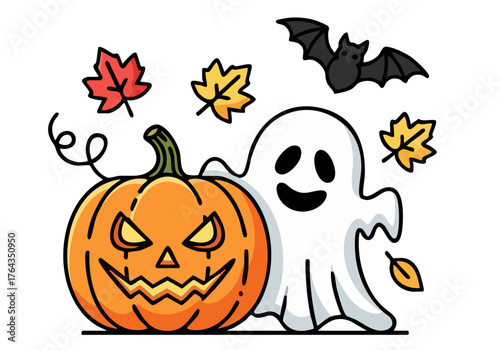 A cute ghost and pumpkin celebrate Halloween with bats and autumn leaves.  Cheerful, whimsical illustration perfect for fall themes and festive designs.