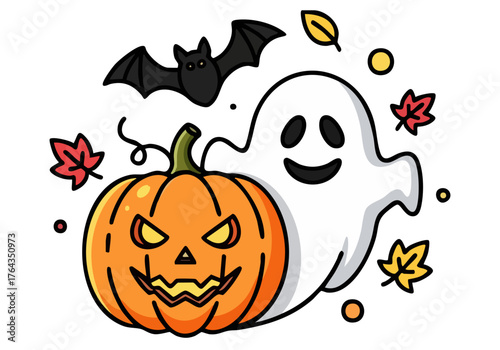 Cute ghost and pumpkin illustration with a bat, perfect for Halloween or fall themes. Bright, playful, and ideal for festive designs.