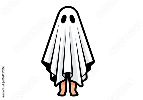 A cute ghost in a white sheet, playfully styled for Halloween. Simple, graphic design, perfect for spooky themes and digital illustrations.  Great for social media and web design.