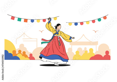 A dancer in a traditional Korean hanbok performs joyfully amidst a festive celebration. Bright colors and a lively atmosphere create a vibrant and engaging image.