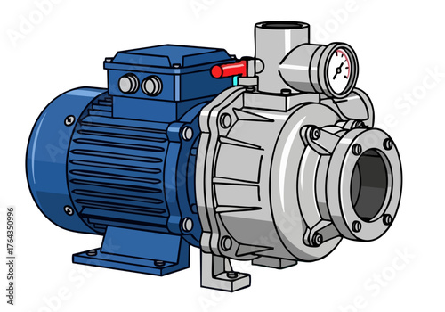 A detailed illustration of a pump flow tool. The blue pump sits on a dark grey base, showcasing its components and gauge. Clean, modern style, ideal for technical or industrial themes.