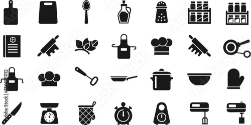 Collection of black kitchen utensil and cooking equipment icons isolated on transparent background