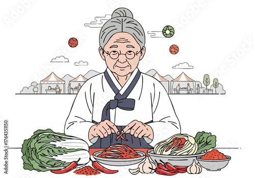 elderly Korean woman demonstrates kimchi making showcasing traditional skills and heritage warm inviting scene with fresh ingredients and a serene expression Perfect for lifestyle and cultural content