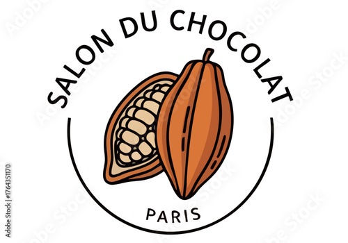 Elegant logo for 'Salon du Chocolat' featuring a cacao pod and Paris. A sophisticated design perfect for branding and commercial use.