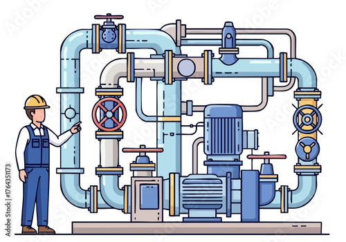 Engineer inspects a complex industrial pump system. Detailed illustration showcases fluid dynamics and control equipment. Modern, technical, and visually engaging.
