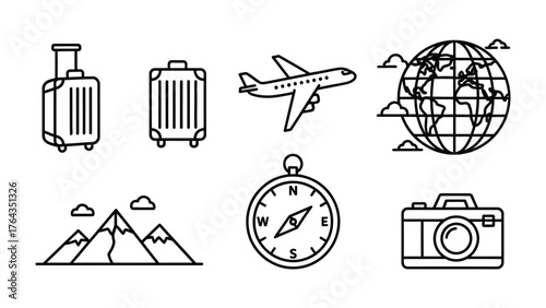 Voyage Essentials Iconography: This image offers a simple and neat, line-art representation of essential travel items.