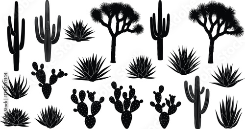 Desert plant silhouettes, cactus and agave icons, black botanical shapes, vector illustration for landscaping, nature design, arid flora, southwestern theme