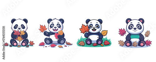 Adorable pandas delight in colorful autumn leaves creating cheerful seasonal scenes perfect for fall promotions and children's content