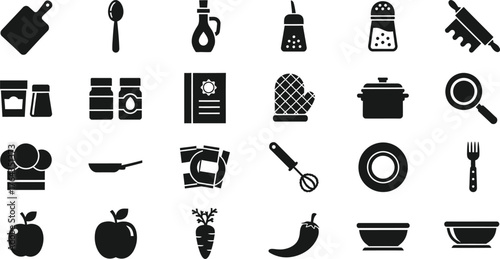Collection of kitchen utensil and food icons in black silhouette isolated on transparent background
