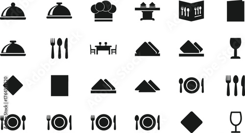 Collection of restaurant and dining icons including food cloches chef hat tables chairs menus cutlery glasses and napkins isolated on transparent background