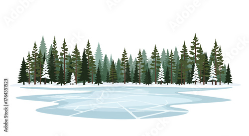 Winter Landscape Illustration A Serene View of Pine Trees and Frozen Lake