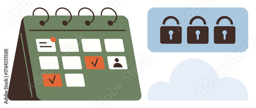 Green desk calendar highlighting marked dates and user icon beside locks in cloud. Ideal for productivity, planning, security, privacy, cloud storage, organization, and access management concepts