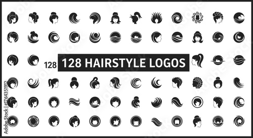 Hairstyle logo collection, black and white hair icon set, female profile vector, beauty salon branding, elegant hair design elements