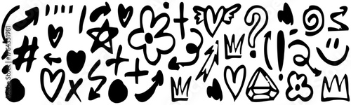 large black hand-drawn doodle icon set: hearts, crowns, arrows, flowers, and abstract sketch markers