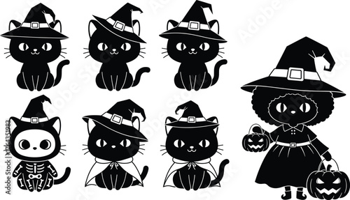 Halloween black cat and witch character illustration, festive costume vector design with jack-o'-lanterns, spooky accessories, playful holiday theme, cartoon style