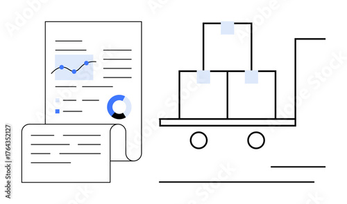 Report with graphs and charts next to a cart carrying stacked boxes. Ideal for logistics, reporting, inventory, data visualization, analysis, process management, business strategy. Simple flat