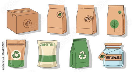 Sustainable packaging options including bags, boxes, and jars, highlighting eco-friendly materials