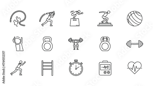 Fitness and Wellness Icon Set: A comprehensive collection of fitness and wellness icons, including diverse equipment for workout and activities to represent the healthy living.