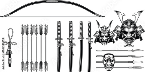 Japanese weapon vector, samurai armor illustration, katana sword drawing, traditional combat gear, black and white martial art elements, historic warrior set