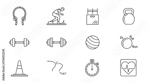 Fitness Essentials Icon Set: An array of fitness equipment icons showcases the various tools and elements for a dynamic workout regimen and embodies health and wellness.