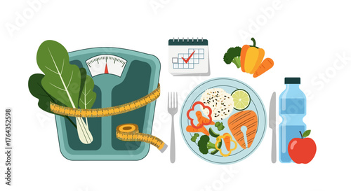 Healthy eating and weight loss concepts with scales, food, calendar and water bottle