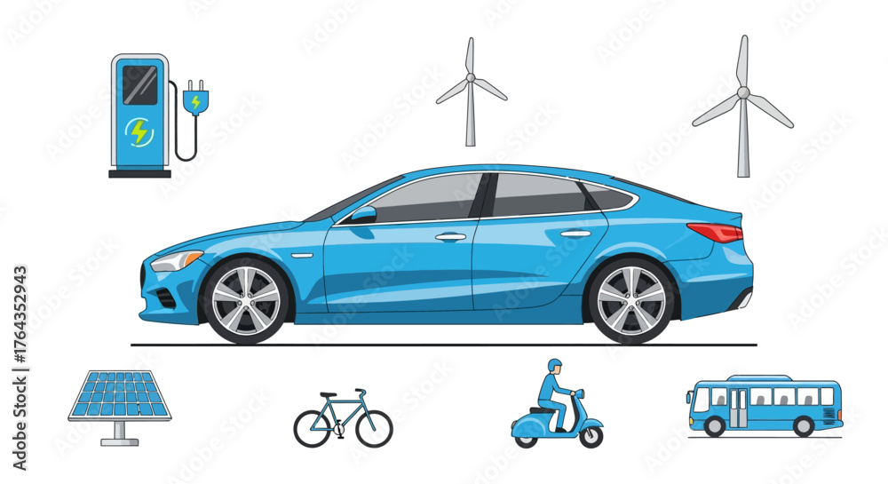 Fototapeta premium Sustainable Transportation and Energy Sources Electric Vehicles, Wind Turbines, and Solar Panels