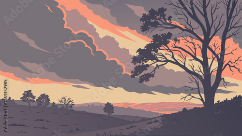 A tranquil landscape featuring a large tree silhouette against a pastel sky with soft clouds at sunset