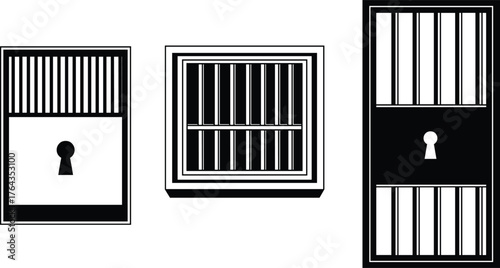 Prison cell vector set, black and white jail illustration, locked enclosure design, security confinement artwork, barred structure graphic collection