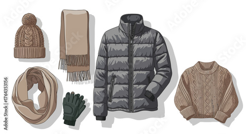 Essential Winter Apparel Collection Flat Lay of Warm Clothing Including Puffer Jacket, Knit Hat, Scarves, and Gloves for Cold Weather Comfort and Style