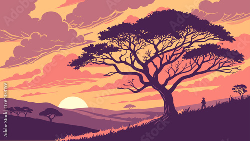 Aesthetic sunset landscape with silhouetted trees and a person walking on a hill at twilight hour