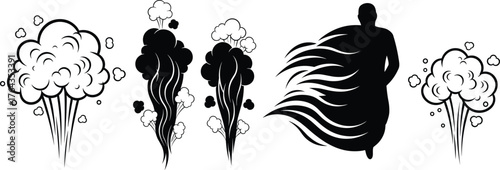 Smoke puff silhouettes, motion trails, energy burst icons, dynamic vector illustration for impact, transformation, superhero movement, comic design, vapor effect