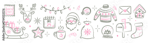 Hand drawn pastel pink and gray Christmas chalk doodle set. Cute festive elements Santa reindeer sleigh gifts sweater and snow globe. Cozy crayon chalk winter holiday illustration for decoration