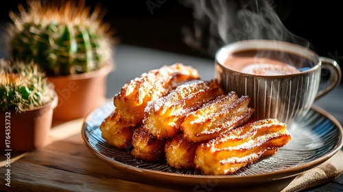 Freshly fried churros with hot chocolate drink