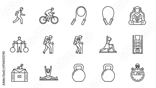 Collection of Fitness Icons: Minimalist line art icons depicting various exercises and workout equipment, ideal for fitness, wellness, and health applications.