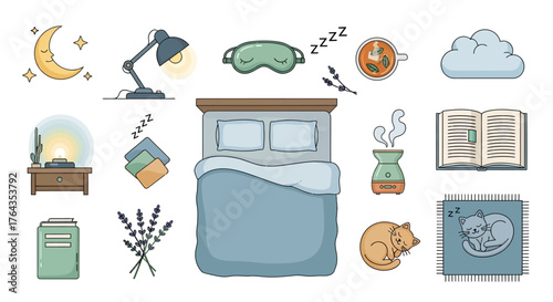 Cozy Bedtime Essentials and Relaxation Icons Set for a Peaceful Night's Sleep, Promoting Calmness and Sweet Dreams